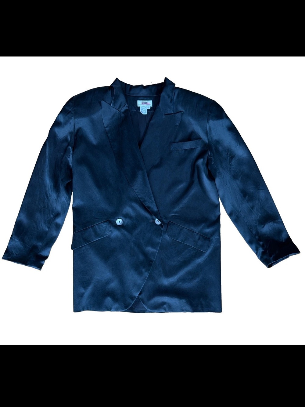 I. Magnin Sixth Sense Silk Satin Blazer Black Double Breasted Size Medium VTG
